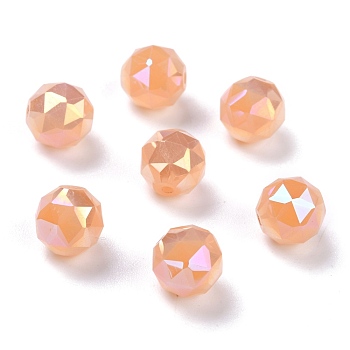 Electroplate Opaque Glass Beads, Rainbow Plated, Faceted, Round, Light Salmon, 10x9.5mm, Hole: 1.4mm