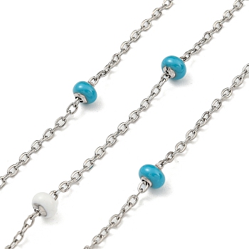 304 Stainless Steel Enamel Link Chains, Soldered, with Spool, Flat Round, Deep Sky Blue, 2x1.5x0.5mm