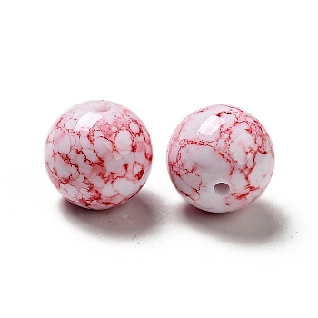 Opaque Acrylic Beads, Round with Ink Danqing Pattern, Red, 15~16x15mm, Hole: 2mm