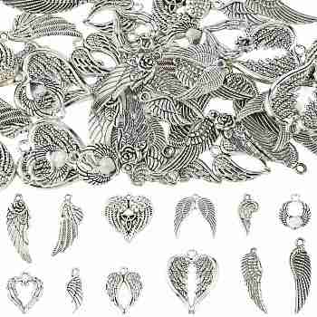 48Pcs 12 Styles Tibetan Style Alloy Pendants, Wing, Cadmium Free & Lead Free, Antique Silver, 17.5~34x7.5~24x1.5~4.5mm, Hole: 1.5~3mm, 4pcs/style