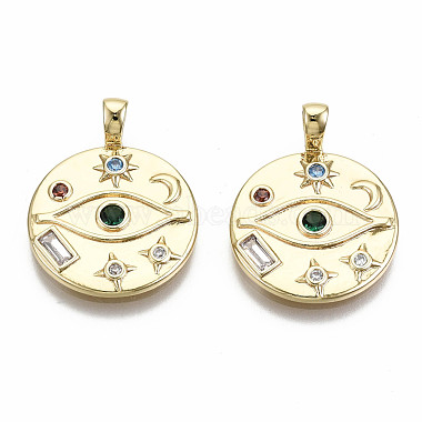 Real 18K Gold Plated Colorful Flat Round Brass+Cubic Zirconia Pendants