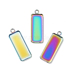 Ion Plating(IP) 304 Stainless Steel Pendant Cabochon Settings, Plain Edge Bezel Cups, Rectangle, Rainbow Color, Tray: 25x10mm, 30x11x2mm, Hole: 2mm(STAS-I069-36MC)