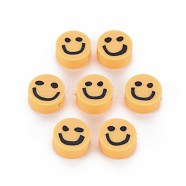 Handmade Polymer Clay Beads, Flat Round with Smiling Face, Orange, 8~9x4mm, Hole: 1.5mm(CLAY-S096-010A)