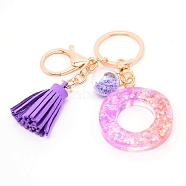 Resin Keychains, with Iron Keychain Findings, Glass Ball Pendants(with Plastic inside), and Sponge Tassels, Light Gold, Lilac, Letter.O, 9.5cm(KEYC-WH0020-12O)