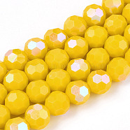 Opaque Glass Beads Strands, Faceted, Round, Gold, 8x7~7.5mm, Hole: 1.2mm, about 65~67pcs/strand, 19.49~19.69''(49.5~50cm)(EGLA-A035-P8mm-L04)