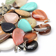 Teardrop Natural & Synthetic Mixed Stone Pendants, with Platinum Tone Brass Findings, 25~29x16~17x5~6mm, Hole: 2x7mm(G-Q368-M)