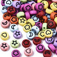 Opaque Acrylic Beads, with Enamel, Flat Round with Heart & Star & Moon & Flower
, Mixed Color, 7x4mm, Hole: 1.5mm(X-MACR-N008-33)