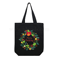 DIY Christmas Wreath Pattern Black Canvas Tote Bag Embroidery Kit, including Embroidery Needles & Thread, Cotton Fabric, Plastic Embroidery Hoop, Colorful, 390x340x100mm(PW23050615706)
