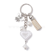 Heart Acrylic Keychain,  with Faux Suede Tassel & Angel Alloy Pendants and Iron Split Key Rings, White, 9.8cm, Pendants: 15~47x10~23x6mm(KEYC-JKC00711-01)