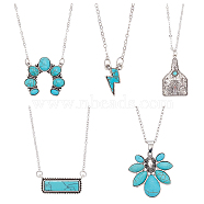 5Pcs 5 Style Flower & Rectangle & Lightning & Cow Tag Synthetic Turquoise Pendant Necklaces Sets, Alloy Jewelry for Women, Antique Silver & Platinum, 18.50~20.59 inch(47~52.3cm), 1Pc/style(NJEW-AN0001-04)