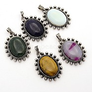 Gemstone Pendants, with Antique Silver Alloy Pendant Settings, Oval, Natural & Synthetic Mixed Stone, 47x35x10mm, Hole: 5x8mm(G-D560-M)