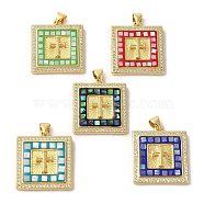 Square with Corss  Brass Micro Pave Cubic Zirconia Pendants, with Enamel & Shell, Long-Lasting Plated, Lead Free & Cadmium Free, Real 18K Gold Plated, Mixed Color, 24x21.5x4mm, Hole: 5x3mm(KK-K385-041G)