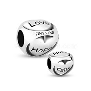 TINYSAND Oval Thailand 925 Sterling Silver European Beads, Large Hole Beads, Carved Word Love, Hope and Faith, Antique Silver, 10.27x10.21x10.06mm, Hole: 4.52mm(TS-C-055)