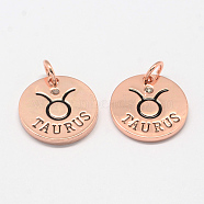 Alloy Pendants, with Rhinestone, Flat Round, with Constellation/Zodiac Sign, Rose Gold, Taurus, 22x2.5mm, Hole: 5.5mm(X-PALLOY-S083-04RG)