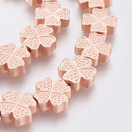 Electroplated Non-magnetic Synthetic Hematite Bead Strand, Grade AA, Clover, Long-Lasting Plated, Frosted, Rose Gold Plated, 12x12x4mm, Hole: 0.8mm, about 33pcs/strand, 15.35 inch(39cm)(G-E495-09B-01)