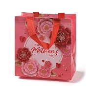Mother's Day Theme Printed Flower Non-Woven Reusable Folding Gift Bags with Handle, Portable Waterproof Shopping Bag for Gift Wrapping, Rectangle, Red, 11x21.5x23cm, Fold: 28x21.5x0.1cm(ABAG-F009-C01)