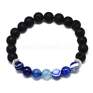 Natural Lapis Lazuli Beads Stretch Bracelets, with Synthetic Lava Rock Beads and Alloy Beads, Round, Inner Diameter: 2-1/8 inch(5.5cm), Beads: 8.5mm(BJEW-R309-02-A01)
