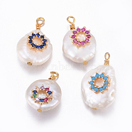 Natural Cultured Freshwater Pearl Pendants, with Brass Cubic Zirconia Findings, Nuggets with Flower, Golden, Mixed Color, 17~26x11~16x5~11mm, Hole: 1.6~2mm(PEAR-E013-32)
