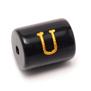 Painted Glass Beads, Black Column with Gold Letter, Letter.U, 13.7x10mm, Hole: 1.5mm(GLAA-TAC0009-01U)