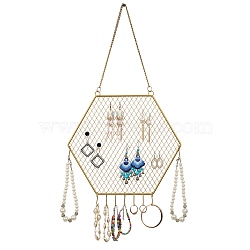 Iron Grid Shape Wall Mount Earring Display, Hanging Jewelry Organizer, for Earrings & Necklaces & Bracelets, Hexagon, Golden, 39.5cm, Hexagon: about 26.5x30x0.4cm(ODIS-P010-05G)