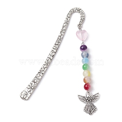 Flower Pattern Alloy Hook Bookmarks, Round & Heart Glass Beaded Bookmark with Charm, Angel & Fairy, 124mm, Pendant: 104x23x8.5mm(AJEW-JK00250-04)