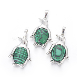 Synthetic Malachite Pendants, with Brass Findings, Penguin, Platinum, 34~35x24~25x5~8mm, Hole: 8x5mm(G-L512-A20)