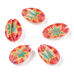 Flower Printed Cowrie Shell Beads, No Hole/Undrilled, Tomato, 18.5~22x13~14.5x6~7.5mm(SSHEL-ZX006-08C)