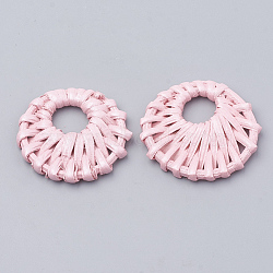 Handmade Spray Painted Reed Cane/Rattan Woven Pendants, For Making Straw Earrings and Necklaces, Dyed, Pearlized Effect, Flat Round, Pink, 39~43x5~5.5mm, inner diameter: 12~13mm(WOVE-N007-03E)
