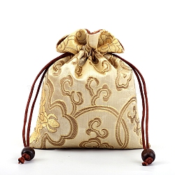 Chinese Style Silk Embroidery Flower Storage Bags, Drawstring Pouches Packaging Bag, Rectangle, Light Khaki, 13x10cm(PW-WG71997-01)