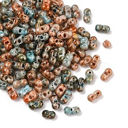 Picasso Glass Seed Beads, Round Hole, Peanut, Peru, 6x3~3.5x3mm, Hole: 1.1mm, 110pcs/set(SEED-Q038-02F)