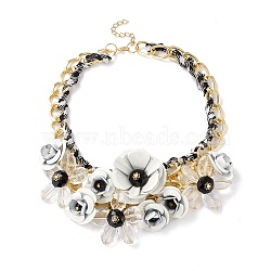 Rose & Sunflower Drama Bib Necklace, Rope Wrap Curb Chain Necklace for Women, Light Gold, White, 17.56 inch(44.6cm)(NJEW-I112-01B)