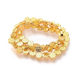 Electroplated Non-magnetic Synthetic Hematite Carved Beads Strands, Long-Lasting Plated, Hexagon with Snowflake, Golden Plated, 6x6.5x2.5mm, Hole: 1mm, about 62pcs/strand, 14.96 inch(38cm)(G-M359-02G)