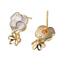 Brass Stud Earring Findings, with White Enamel and 925 Sterling Silver Pins, for Half Drilled Bead, Nickel Free, Flower, Real 18K Gold Plated, 16x9.5mm, Pin: 0.7mm(KK-N233-379)