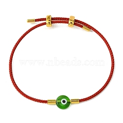 Lampwork Evil Eye & Brass Beaded Bangle, Stainless Steel Twist Rope Adjustable Bangles for Women, Lime Green, Inner Diameter: 2~3-1/2 inch(5~9cm), 2mm(BJEW-A008-01C)