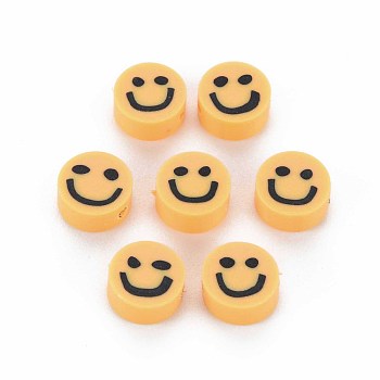 Handmade Polymer Clay Beads, Flat Round with Smiling Face, Orange, 8~9x4mm, Hole: 1.5mm