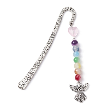 Flower Pattern Alloy Hook Bookmarks, Round & Heart Glass Beaded Bookmark with Charm, Angel & Fairy, 124mm, Pendant: 104x23x8.5mm