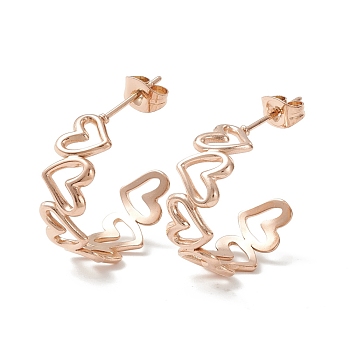 304 Stainless Steel C-shape Stud Earrings, Heart Wrap Half Hoop Earrings for Women, Rose Gold, 19.5x25x8mm, Pin: 0.8mm