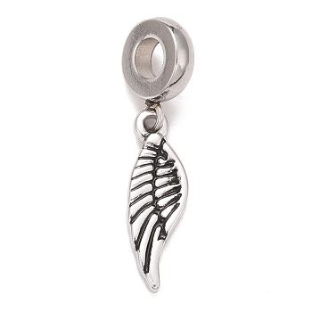 304 Stainless Steel European Dangle Charms, Large Hole Pendants, Wings, Antique Silver, 29.5mm, Hole: 4mm, Wing: 19.5x6x2mm