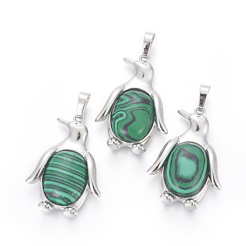 Synthetic Malachite Pendants, with Brass Findings, Penguin, Platinum, 34~35x24~25x5~8mm, Hole: 8x5mm