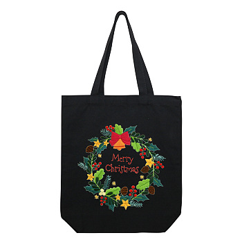 DIY Christmas Wreath Pattern Black Canvas Tote Bag Embroidery Kit, including Embroidery Needles & Thread, Cotton Fabric, Plastic Embroidery Hoop, Colorful, 390x340x100mm