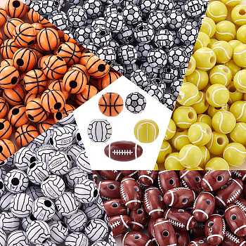 500Pcs 5 Style Craft Style Acrylic Beads, Sports Beads, Volleyball & Basketball & Rugby & Tennis & FootBall, Mixed Color, 10~18x9.5~10.5mm, Hole: 2~4mm, 100pcs/style