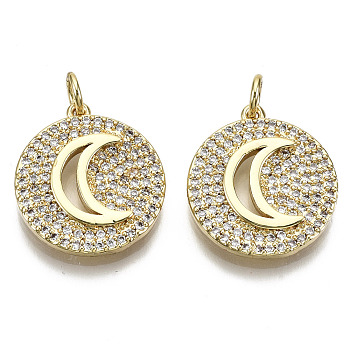 Brass Micro Pave Clear Cubic Zirconia Pendants, with Jump Rings, Nickel Free, Flat Round with Moon, Real 16K Gold Plated, 18.5x16.5x3mm, Jump Ring: 5x0.8mm, Inner Diameter: 3mm