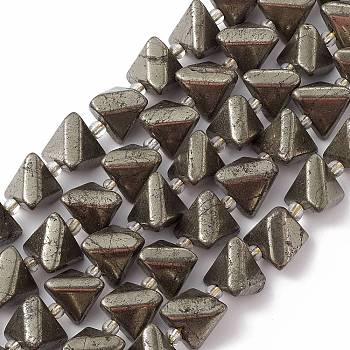 Natural Pyrite Beads Strands, with Seed Beads, Triangle, 11~14x15~16x13.5~14mm, Hole: 1.2mm, about 14pcs/strand, 8.07''(20.5cm)
