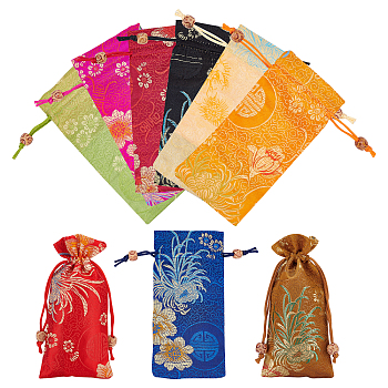 9Pcs 9 Colors Polyester Pouches, Drawstring Bag, with Wood Beads, Rectangle with Floral Pattern, Mixed Color, 16~17x7.8~8x0.35cm, 1pc/color