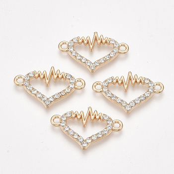 Alloy Links connectors, with Rhinestone, Heart and Heartbeat, Crystal, Golden, 15x23x2mm, Hole: 1.6mm