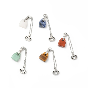 Natural Mixed Gemstone Big Pendants, Lock Charm, with Stainless Steel Color Plated 304 Stainless Steel Crown Findings, 75x1.5mm, Lock: 15x11.5x6.5mm, Crown: 12x11x2.5mm