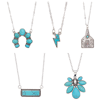 5Pcs 5 Style Flower & Rectangle & Lightning & Cow Tag Synthetic Turquoise Pendant Necklaces Sets, Alloy Jewelry for Women, Antique Silver & Platinum, 18.50~20.59 inch(47~52.3cm), 1Pc/style