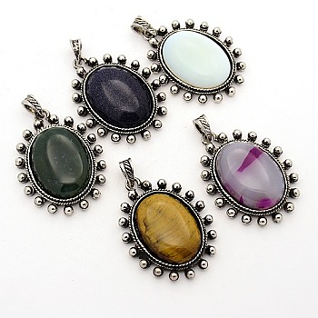 Gemstone Pendants, with Antique Silver Alloy Pendant Settings, Oval, Natural & Synthetic Mixed Stone, 47x35x10mm, Hole: 5x8mm