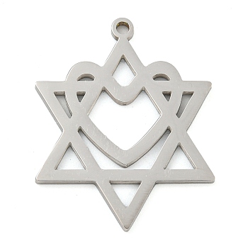 Non-Tarnish 304 Stainless Steel Pendants, Laser Cut, Star of David with Heart Charm, Stainless Steel Color, 27x21.5x1mm, Hole: 1.5mm