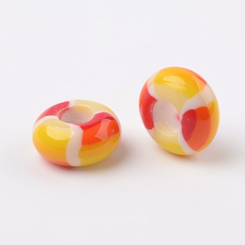 Handmade Polymer Clay Enamel European Beads, Large Hole Rondelle Beads, Coral, 14x7.5mm, Hole: 5.5mm